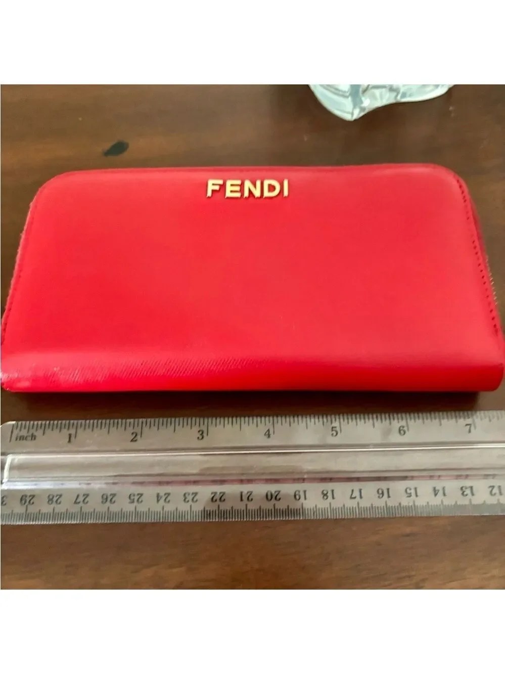 Fendi Red Leather Zip Wallet w/FF Logo & Gold Hardware